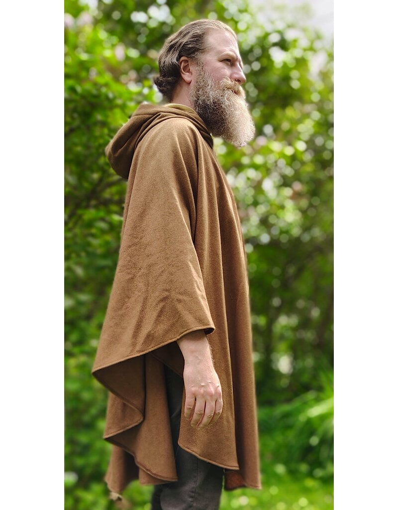 Cloakmakers.com 6037-Washable Light Brown Wool Blend Ruana Cloak w/ Gold Velvet Hood Lining