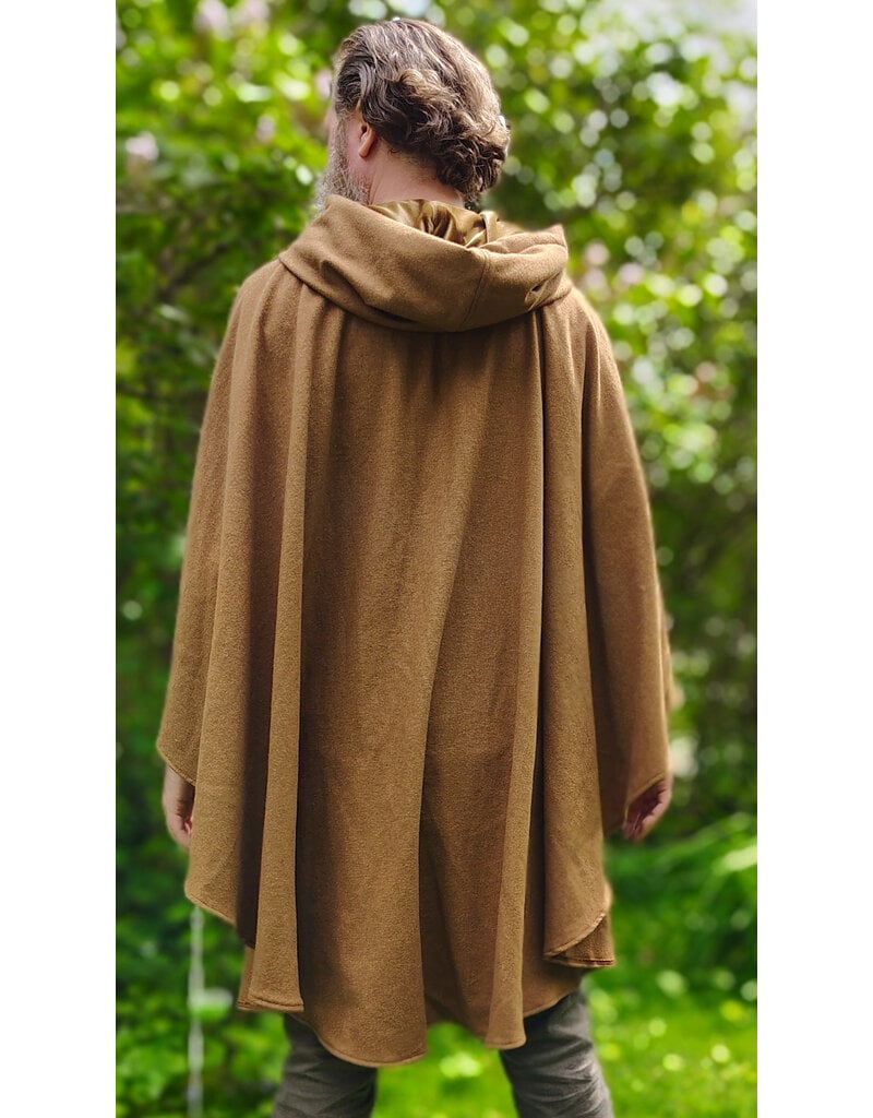 Cloakmakers.com 6037-Washable Light Brown Wool Blend Ruana Cloak w/ Gold Velvet Hood Lining