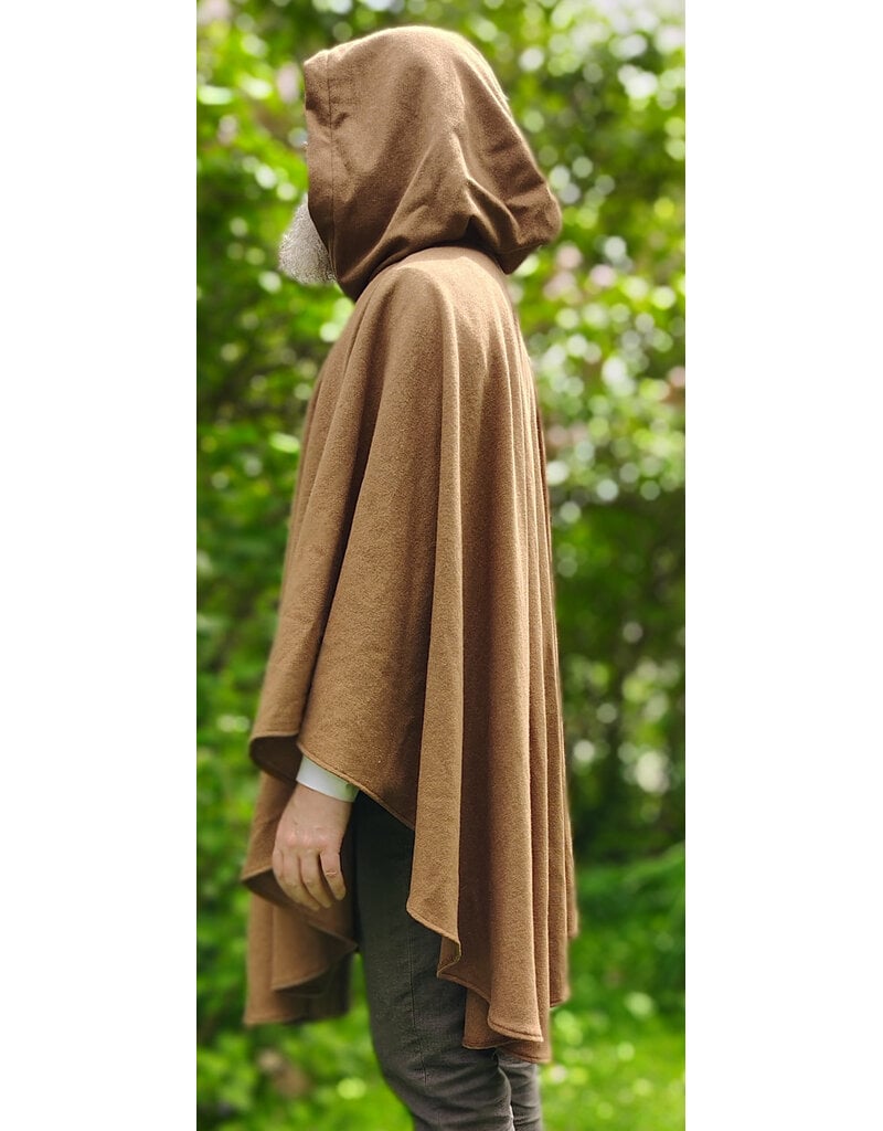 Cloakmakers.com 6037-Washable Light Brown Wool Blend Ruana Cloak w/ Gold Velvet Hood Lining