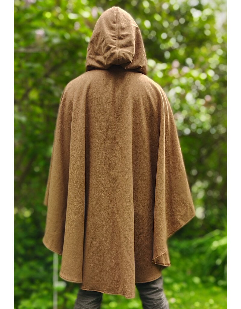Cloakmakers.com 6037-Washable Light Brown Wool Blend Ruana Cloak w/ Gold Velvet Hood Lining