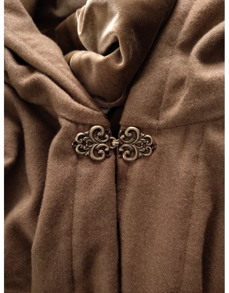 Cloakmakers.com 6037-Washable Light Brown Wool Blend Ruana Cloak w/ Gold Velvet Hood Lining