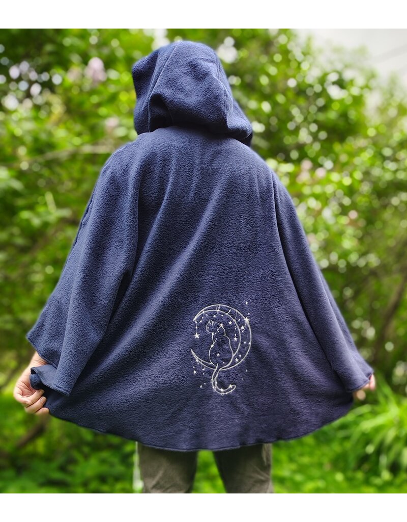 Cloakmakers.com 6035-Washable Blue Fleece Cloak w/Moon and Cat Embroidery