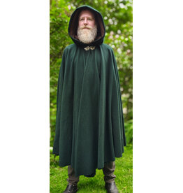 Cloakmakers.com 6038-Washable Forest Green Wool Ruana Cloak w/ Brown Velvet Hood Lining & Multileaf Clasp