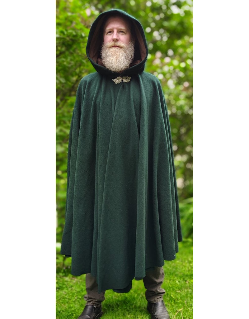 Cloakmakers.com 6038-Washable Forest Green Wool Ruana Cloak w/ Brown Velvet Hood Lining & Multileaf Clasp