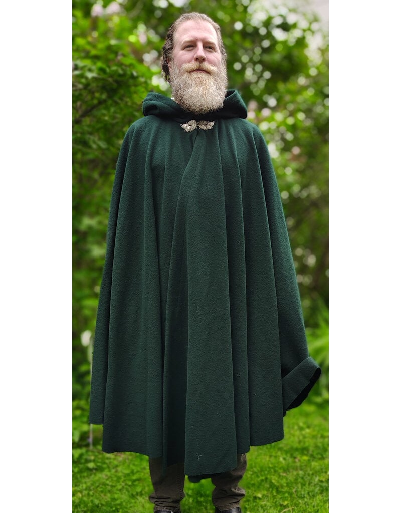 Cloakmakers.com 6038-Washable Forest Green Wool Ruana Cloak w/ Brown Velvet Hood Lining & Multileaf Clasp