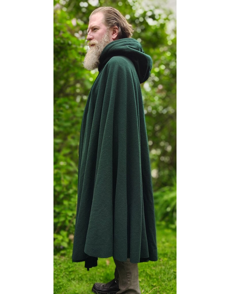 Cloakmakers.com 6038-Washable Forest Green Wool Ruana Cloak w/ Brown Velvet Hood Lining & Multileaf Clasp