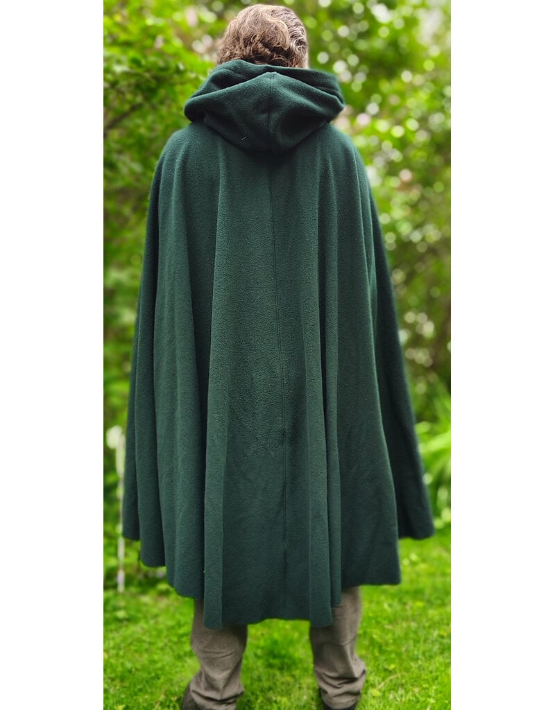 Cloakmakers.com 6038-Washable Forest Green Wool Ruana Cloak w/ Brown Velvet Hood Lining & Multileaf Clasp