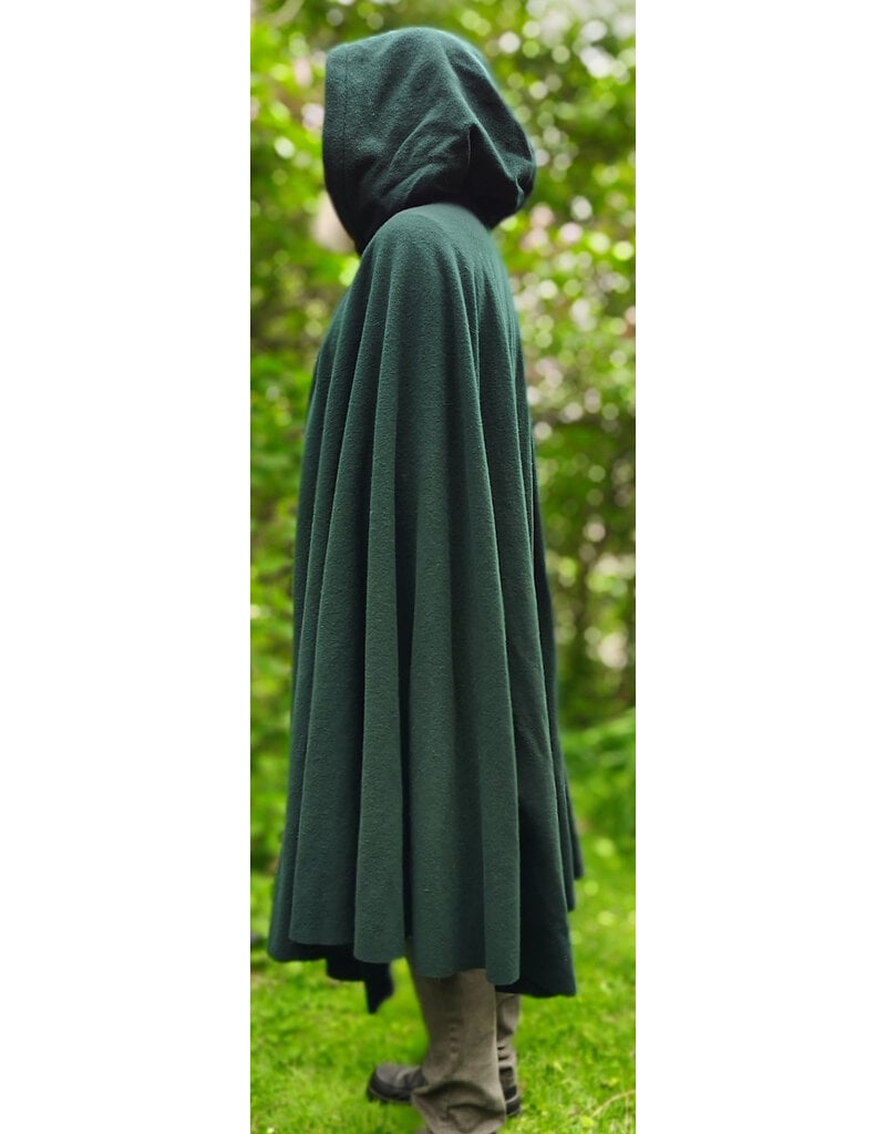 Cloakmakers.com 6038-Washable Forest Green Wool Ruana Cloak w/ Brown Velvet Hood Lining & Multileaf Clasp