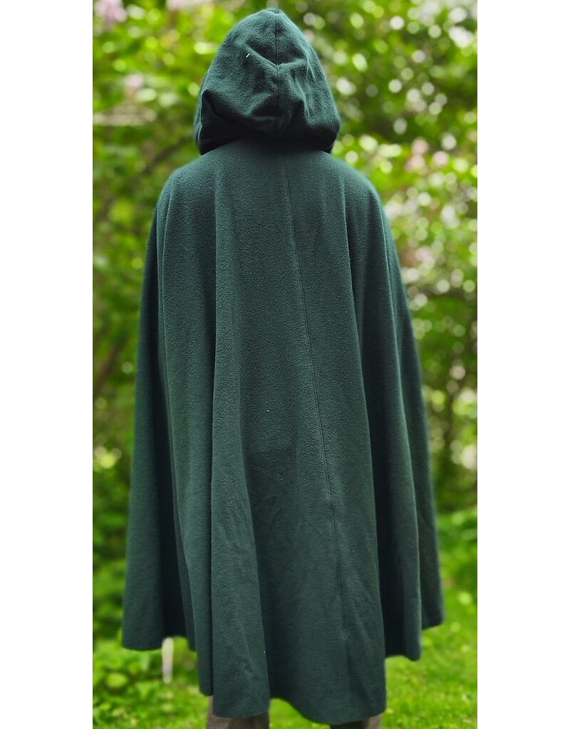Cloakmakers.com 6038-Washable Forest Green Wool Ruana Cloak w/ Brown Velvet Hood Lining & Multileaf Clasp