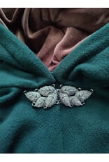 Cloakmakers.com 6038-Washable Forest Green Wool Ruana Cloak w/ Brown Velvet Hood Lining & Multileaf Clasp