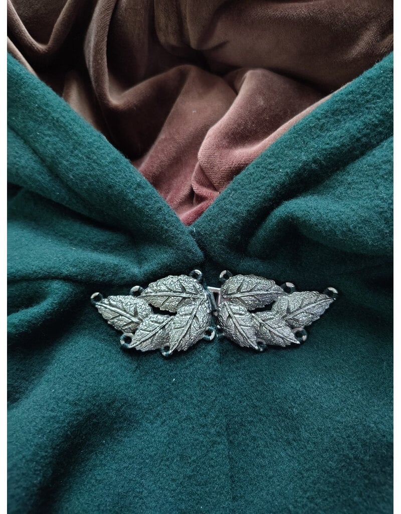 Cloakmakers.com 6038-Washable Forest Green Wool Ruana Cloak w/ Brown Velvet Hood Lining & Multileaf Clasp