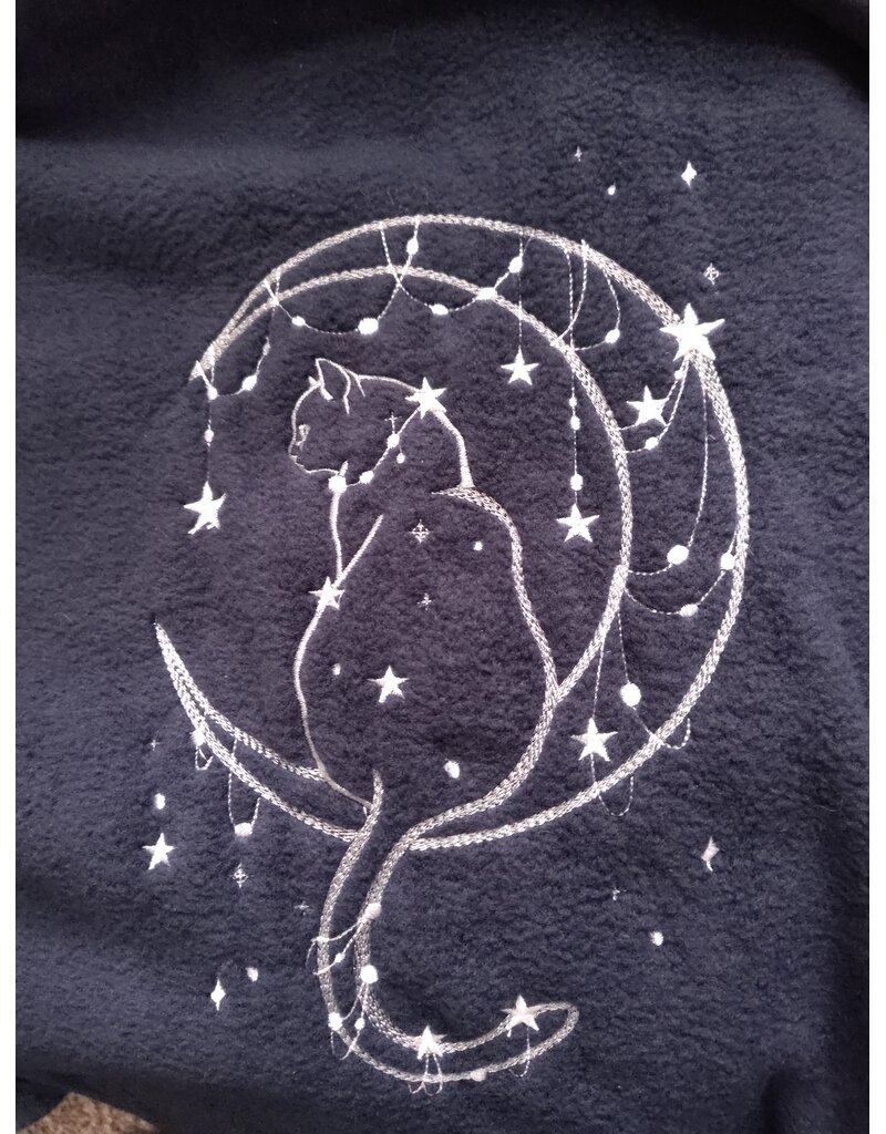 Cloakmakers.com 6035-Washable Blue Fleece Cloak w/Moon and Cat Embroidery