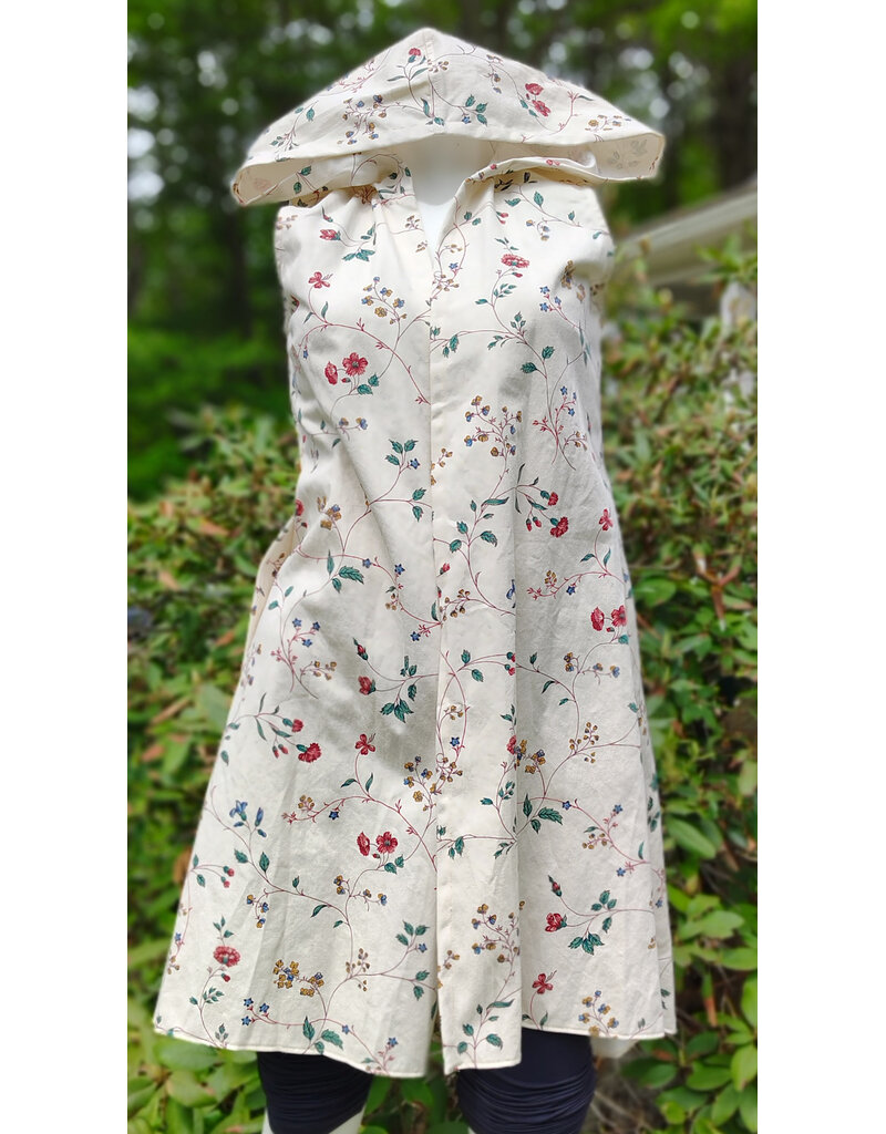 Cloakmakers.com J923-Washable White Cotton Hooded Vest w/ Floral Vine Print & Two Pockets