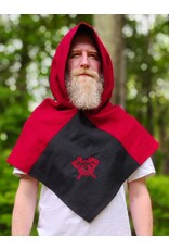 Cloakmakers.com H572-Washable Red & Black Wool Viking Hood w/Ax & Shield Embroidery