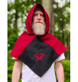 Cloakmakers.com H572-Washable Red & Black Wool Viking Hood w/Ax & Shield Embroidery