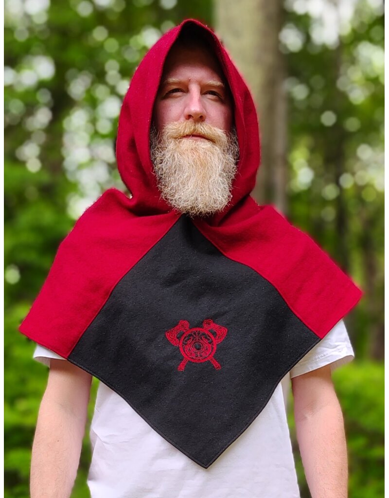Cloakmakers.com H572-Washable Red & Black Wool Viking Hood w/Ax & Shield Embroidery