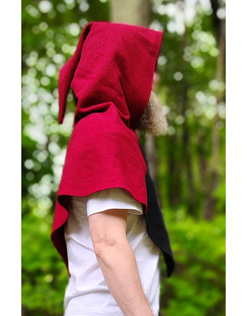Cloakmakers.com H572-Washable Red & Black Wool Viking Hood w/Ax & Shield Embroidery
