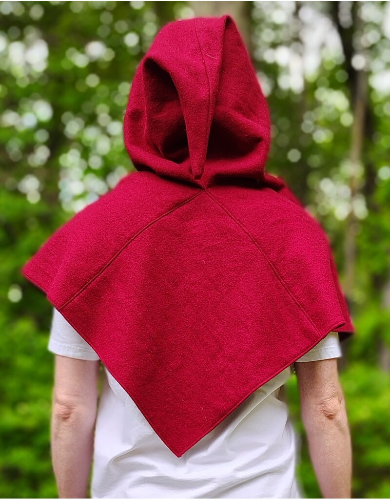 Cloakmakers.com H572-Washable Red & Black Wool Viking Hood w/Ax & Shield Embroidery