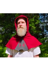 Cloakmakers.com H573-Washable Red & Grey Wool Hooded Cowl w/ Dual Red Raven Embroidery