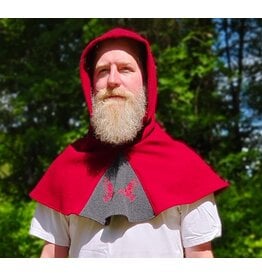 Cloakmakers.com H573-Washable Red & Grey Wool Hooded Cowl w/ Dual Red Raven Embroidery