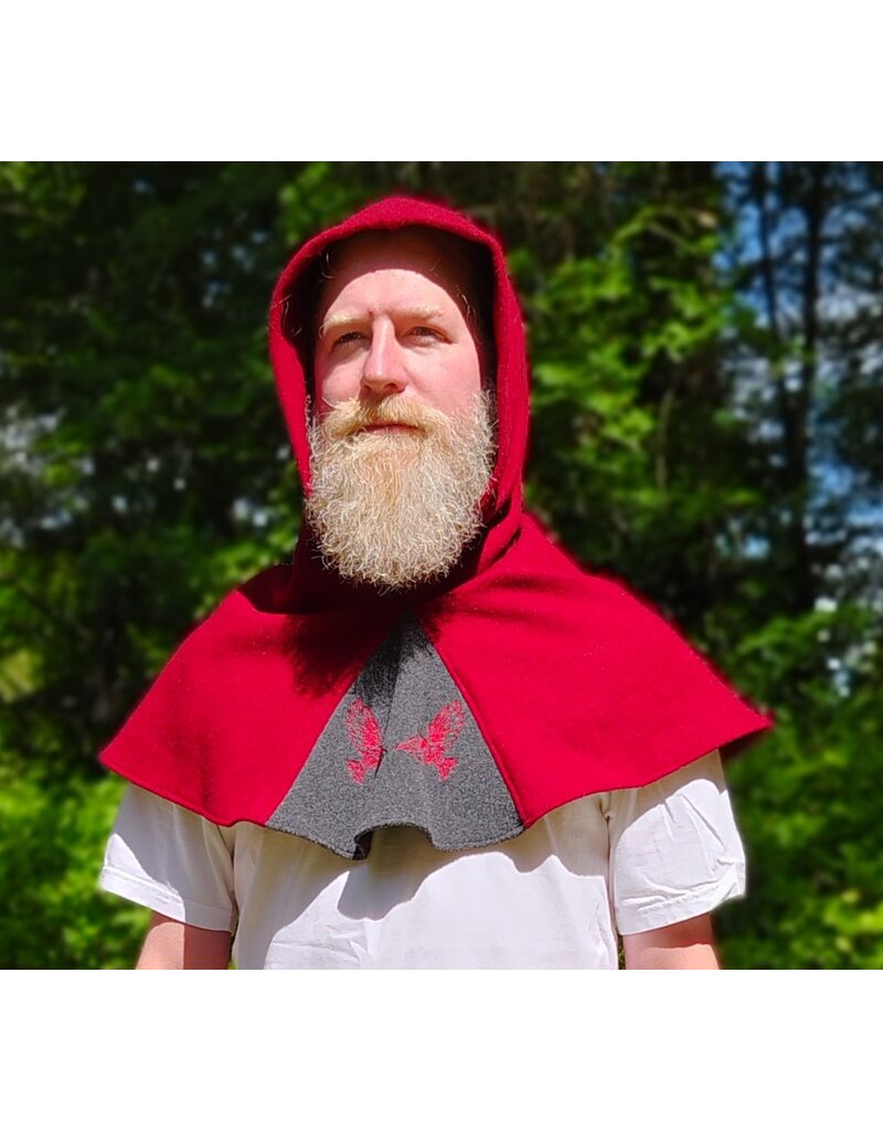 Cloakmakers.com H573-Washable Red & Grey Wool Hooded Cowl w/ Dual Red Raven Embroidery