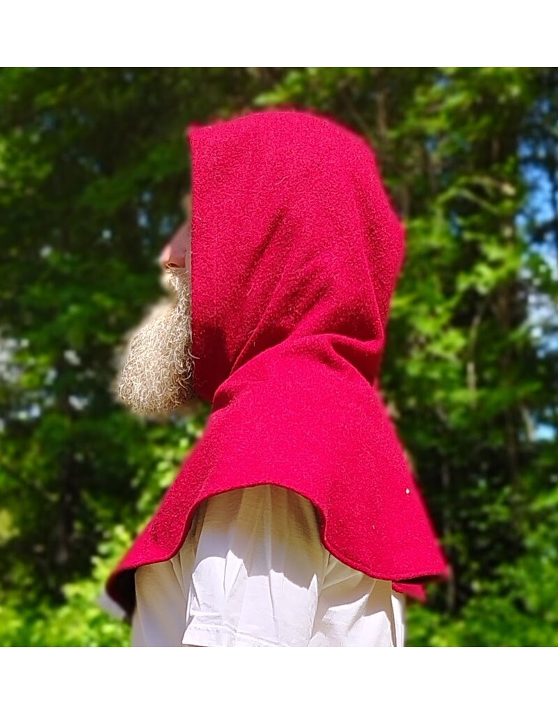 Cloakmakers.com H573-Washable Red & Grey Wool Hooded Cowl w/ Dual Red Raven Embroidery
