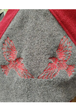 Cloakmakers.com H573-Washable Red & Grey Wool Hooded Cowl w/ Dual Red Raven Embroidery