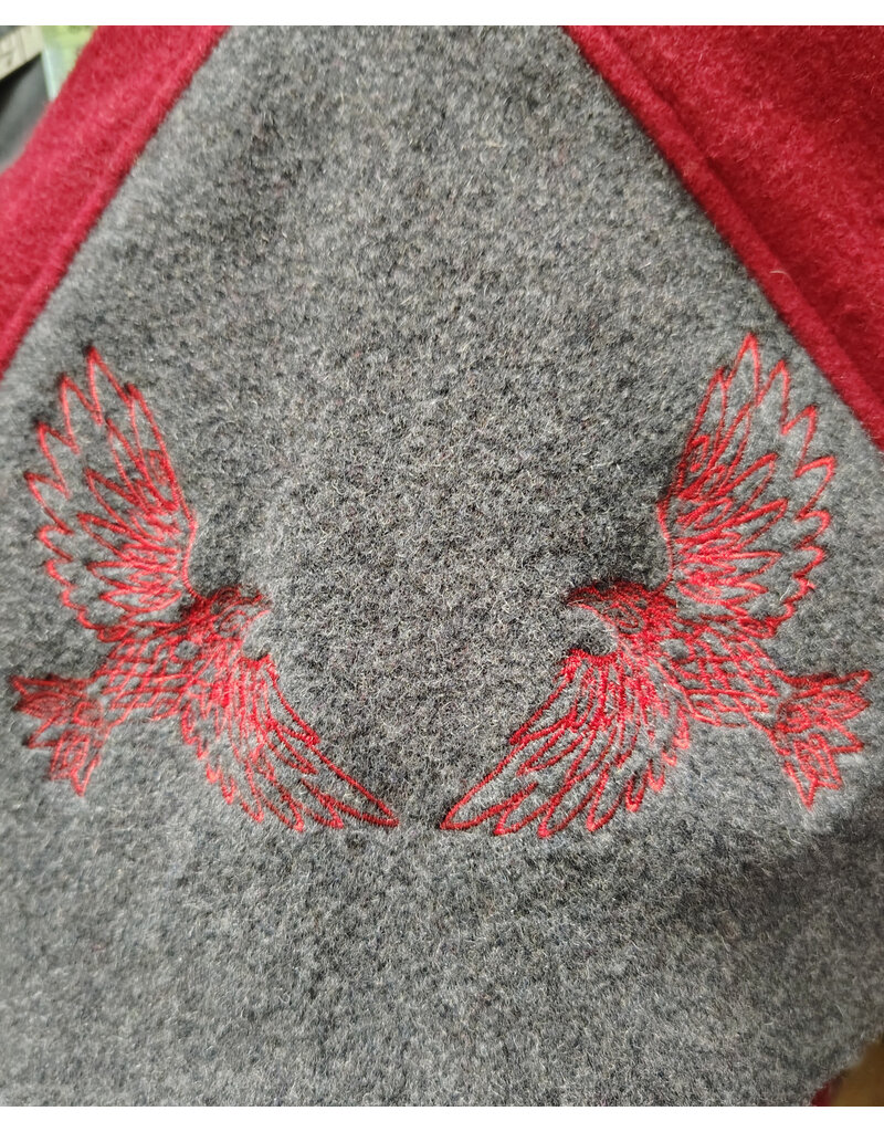 Cloakmakers.com H573-Washable Red & Grey Wool Hooded Cowl w/ Dual Red Raven Embroidery
