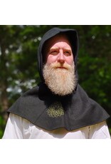 Cloakmakers.com H575-Washable Black Wool Blend Hooded Cowl w/ Green Celtic Knot Embroidery