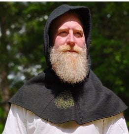Cloakmakers.com H575-Washable Black Wool Blend Hooded Cowl w/ Green Celtic Knot Embroidery