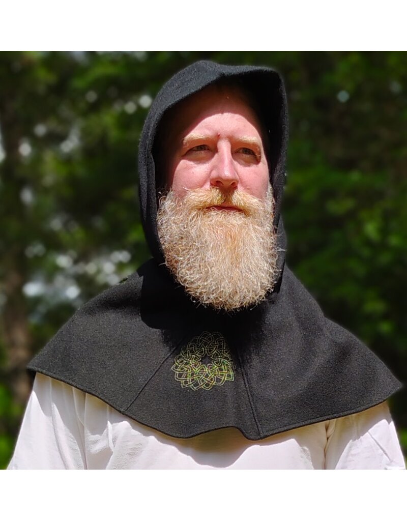 Cloakmakers.com H575-Washable Black Wool Blend Hooded Cowl w/ Green Celtic Knot Embroidery