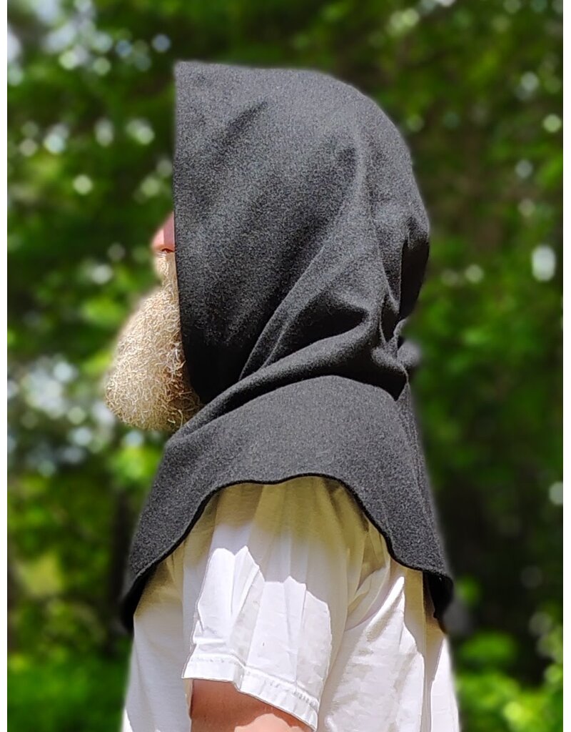 Cloakmakers.com H575-Washable Black Wool Blend Hooded Cowl w/ Green Celtic Knot Embroidery