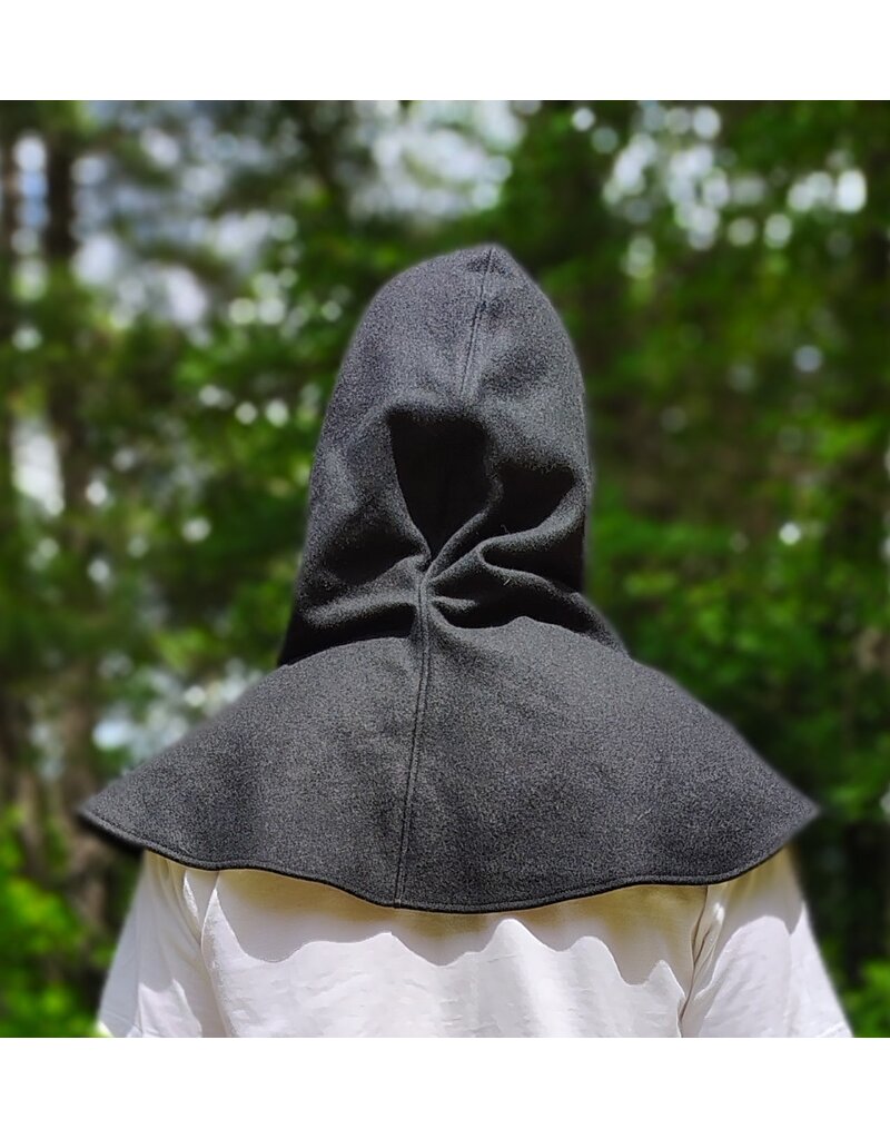 Cloakmakers.com H575-Washable Black Wool Blend Hooded Cowl w/ Green Celtic Knot Embroidery