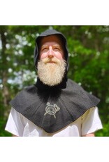 Cloakmakers.com H576-Washable Black Wool Blend Hooded Cowl w/ Silver Dual Ax & Celtic Wheel Embroidery
