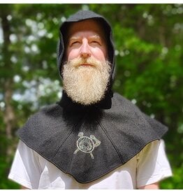 Cloakmakers.com H576-Washable Black Wool Blend Hooded Cowl w/ Silver Dual Ax & Celtic Wheel Embroidery