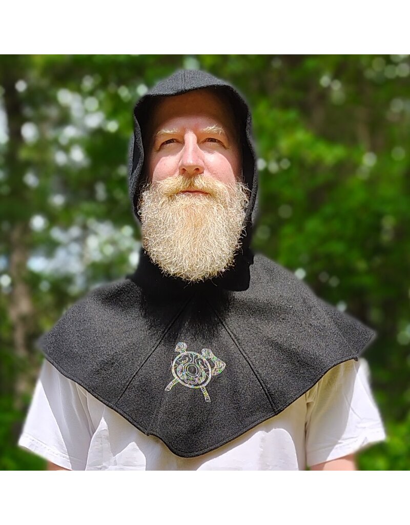Cloakmakers.com H576-Washable Black Wool Blend Hooded Cowl w/ Silver Dual Ax & Celtic Wheel Embroidery