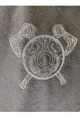 Cloakmakers.com H576-Washable Black Wool Blend Hooded Cowl w/ Silver Dual Ax & Celtic Wheel Embroidery