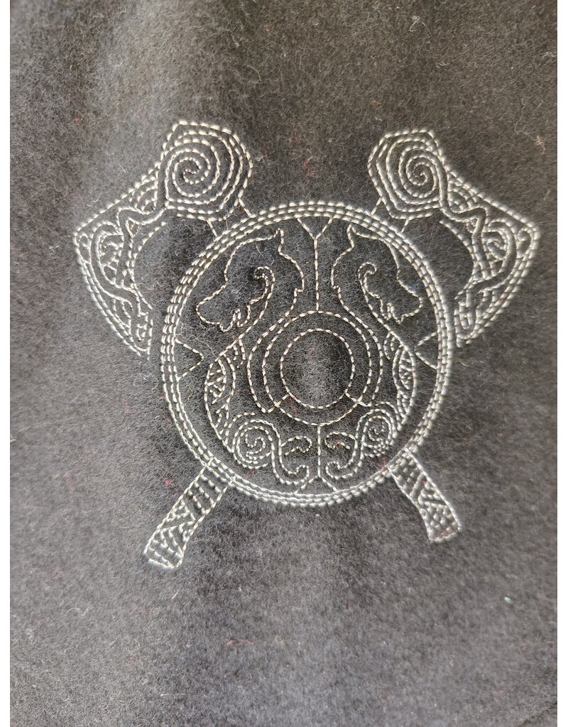 Cloakmakers.com H576-Washable Black Wool Blend Hooded Cowl w/ Silver Dual Ax & Celtic Wheel Embroidery
