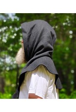 Cloakmakers.com H576-Washable Black Wool Blend Hooded Cowl w/ Silver Dual Ax & Celtic Wheel Embroidery