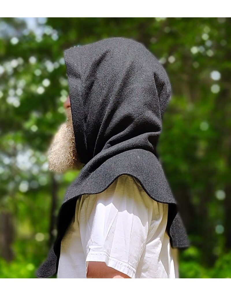 Cloakmakers.com H576-Washable Black Wool Blend Hooded Cowl w/ Silver Dual Ax & Celtic Wheel Embroidery