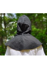 Cloakmakers.com H576-Washable Black Wool Blend Hooded Cowl w/ Silver Dual Ax & Celtic Wheel Embroidery