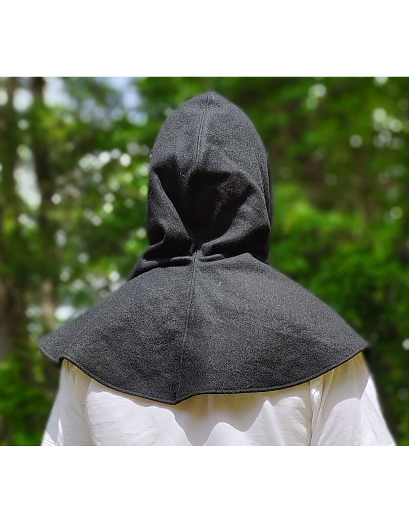 Cloakmakers.com H576-Washable Black Wool Blend Hooded Cowl w/ Silver Dual Ax & Celtic Wheel Embroidery