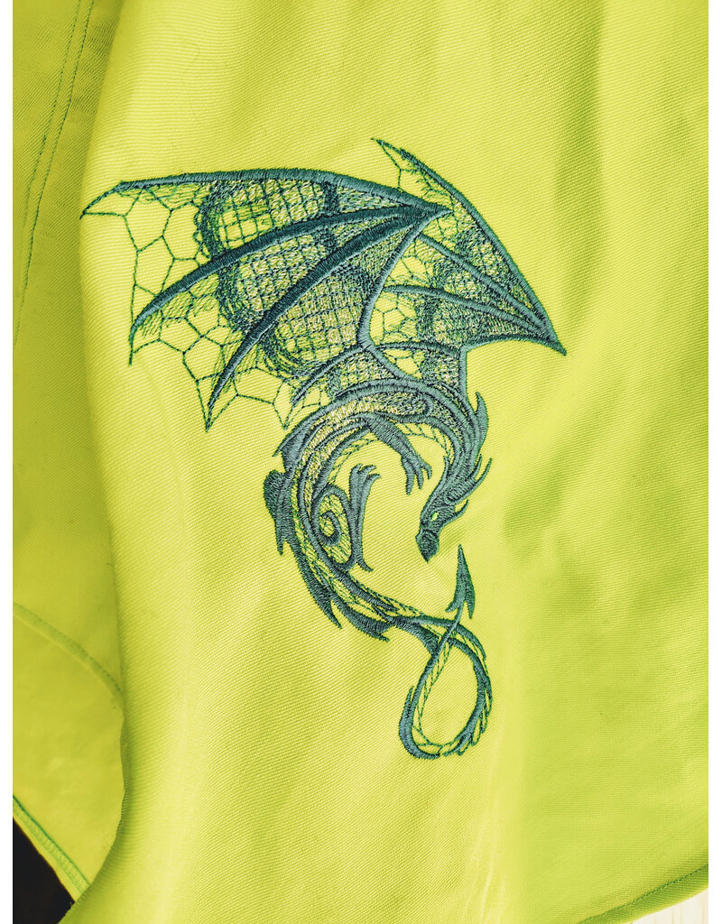 Cloakmakers.com H577-Washable Lightweight Bright Lichen Wool Blend Hooded Cowl w/ Blue Dragon Embroidery w/ Pointy Hood
