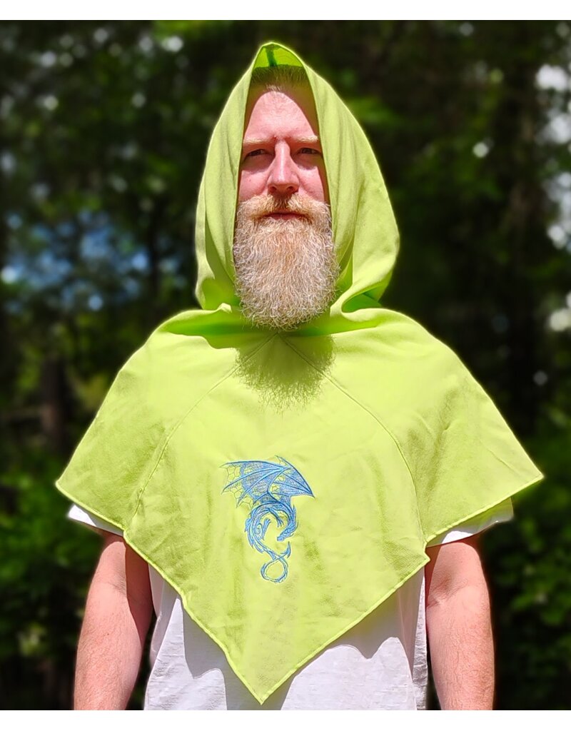 Cloakmakers.com H577-Washable Lightweight Bright Lichen Wool Blend Hooded Cowl w/ Blue Dragon Embroidery w/ Pointy Hood