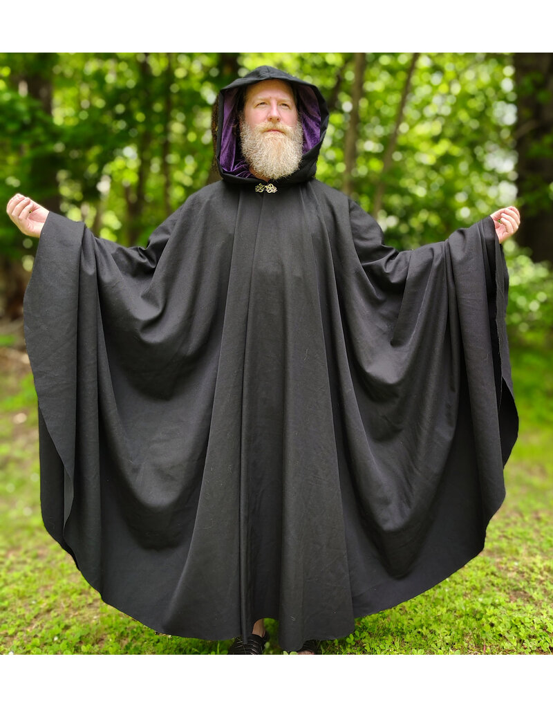 Cloakmakers.com 6042-Washable Black Wool Woven Blend Cloak w/ Dark Purple Velvet Hood Lining & Rain Resistance