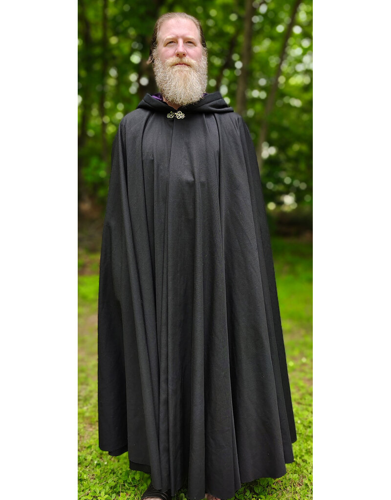 Cloakmakers.com 6042-Washable Black Wool Woven Blend Cloak w/ Dark Purple Velvet Hood Lining & Rain Resistance
