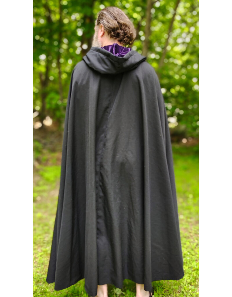 Cloakmakers.com 6042-Washable Black Wool Woven Blend Cloak w/ Dark Purple Velvet Hood Lining & Rain Resistance