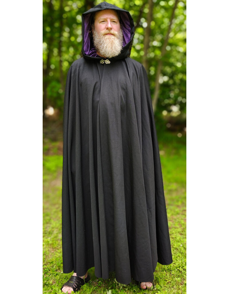 Cloakmakers.com 6042-Washable Black Wool Woven Blend Cloak w/ Dark Purple Velvet Hood Lining & Rain Resistance