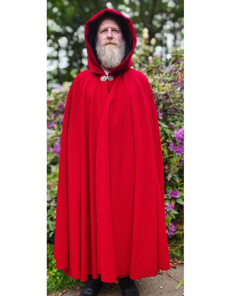 Cloakmakers.com 6045-Red Wool Cloak w/ Black Velvet Hood Lining & Gothic Rose Clasp