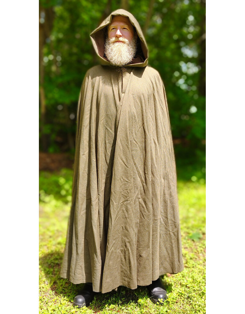 Cloakmakers.com 6048-Washable Greenish Brown Wool Blend Ranger Cloak w/ Brown Velvet Hood Lining & Bronze Tone Clasp